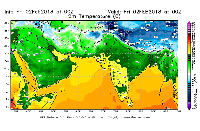 Mappa di analisi GFS - Temperatura a 2 metri dal suolo [°C] in Asia Sud-Occidentale
									del 02/02/2018 00 <!--googleoff: index-->UTC<!--googleon: index-->