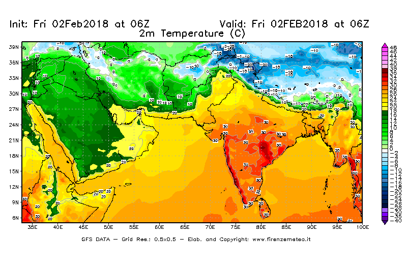 Mappa di analisi GFS - Temperatura a 2 metri dal suolo [°C] in Asia Sud-Occidentale
							del 02/02/2018 06 <!--googleoff: index-->UTC<!--googleon: index-->