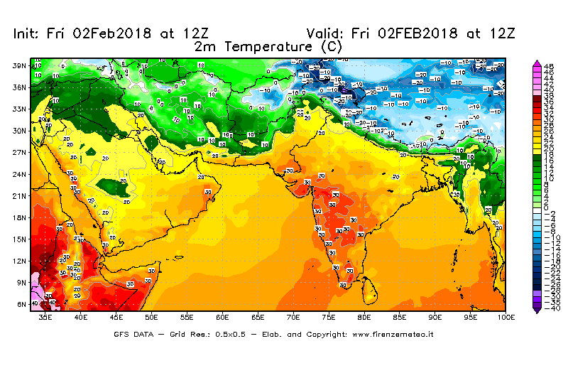 Mappa di analisi GFS - Temperatura a 2 metri dal suolo [°C] in Asia Sud-Occidentale
									del 02/02/2018 12 <!--googleoff: index-->UTC<!--googleon: index-->