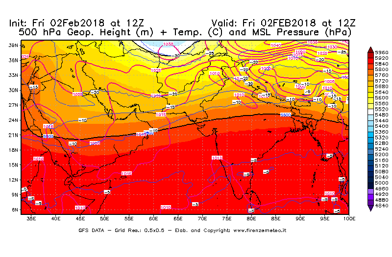 Mappa di analisi GFS - Geopotenziale [m] + Temp. [°C] a 500 hPa + Press. a livello del mare [hPa] in Asia Sud-Occidentale
									del 02/02/2018 12 <!--googleoff: index-->UTC<!--googleon: index-->