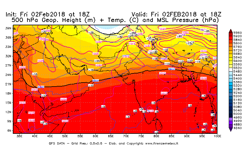 Mappa di analisi GFS - Geopotenziale [m] + Temp. [°C] a 500 hPa + Press. a livello del mare [hPa] in Asia Sud-Occidentale
									del 02/02/2018 18 <!--googleoff: index-->UTC<!--googleon: index-->