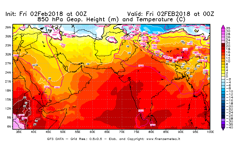 Mappa di analisi GFS - Geopotenziale [m] e Temperatura [°C] a 850 hPa in Asia Sud-Occidentale
							del 02/02/2018 00 <!--googleoff: index-->UTC<!--googleon: index-->