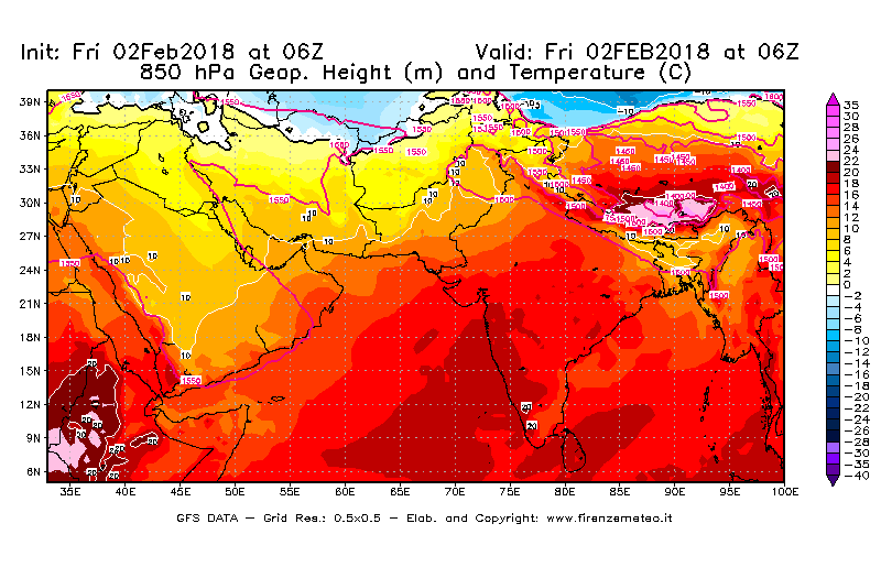 Mappa di analisi GFS - Geopotenziale [m] e Temperatura [°C] a 850 hPa in Asia Sud-Occidentale
							del 02/02/2018 06 <!--googleoff: index-->UTC<!--googleon: index-->