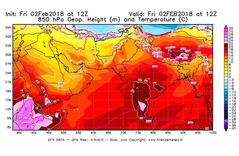 Mappa di analisi GFS - Geopotenziale [m] e Temperatura [°C] a 850 hPa in Asia Sud-Occidentale
									del 02/02/2018 12 <!--googleoff: index-->UTC<!--googleon: index-->