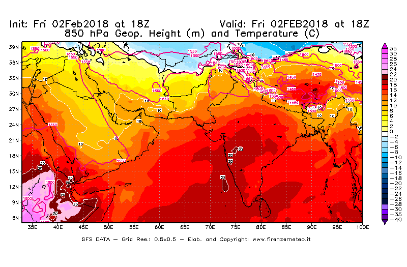 Mappa di analisi GFS - Geopotenziale [m] e Temperatura [°C] a 850 hPa in Asia Sud-Occidentale
							del 02/02/2018 18 <!--googleoff: index-->UTC<!--googleon: index-->