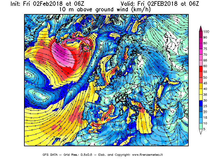 Mappa di analisi GFS - Velocità del vento a 10 metri dal suolo [km/h] in Europa
							del 02/02/2018 06 <!--googleoff: index-->UTC<!--googleon: index-->