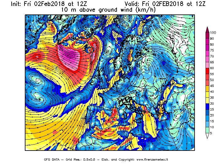 Mappa di analisi GFS - Velocità del vento a 10 metri dal suolo [km/h] in Europa
									del 02/02/2018 12 <!--googleoff: index-->UTC<!--googleon: index-->