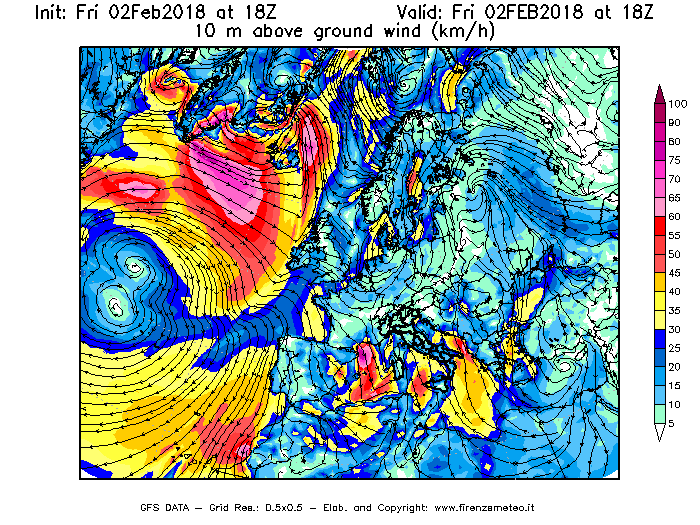 Mappa di analisi GFS - Velocità del vento a 10 metri dal suolo [km/h] in Europa
									del 02/02/2018 18 <!--googleoff: index-->UTC<!--googleon: index-->