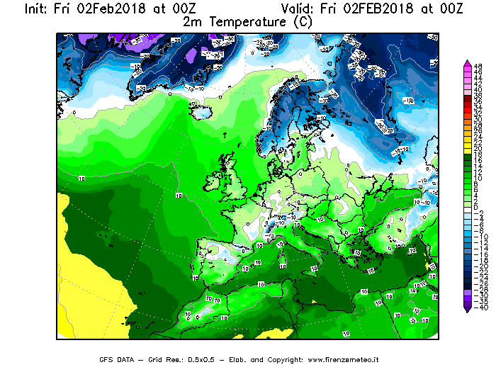 Mappa di analisi GFS - Temperatura a 2 metri dal suolo [°C] in Europa
									del 02/02/2018 00 <!--googleoff: index-->UTC<!--googleon: index-->