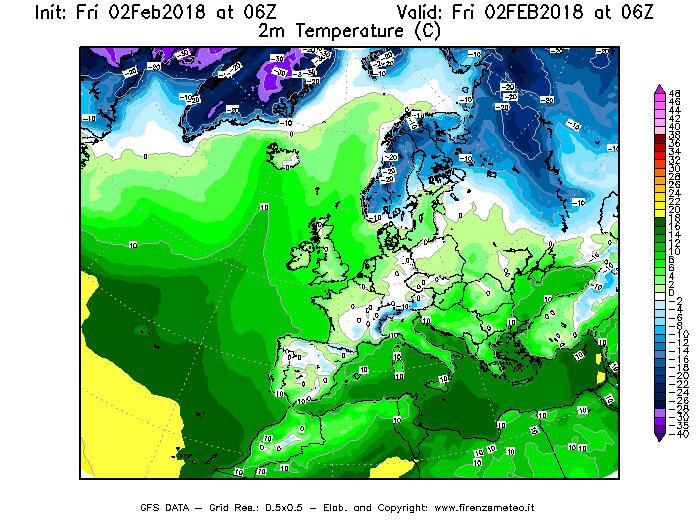 Mappa di analisi GFS - Temperatura a 2 metri dal suolo [°C] in Europa
							del 02/02/2018 06 <!--googleoff: index-->UTC<!--googleon: index-->