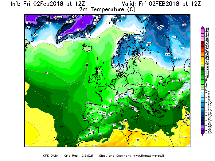 Mappa di analisi GFS - Temperatura a 2 metri dal suolo [°C] in Europa
									del 02/02/2018 12 <!--googleoff: index-->UTC<!--googleon: index-->