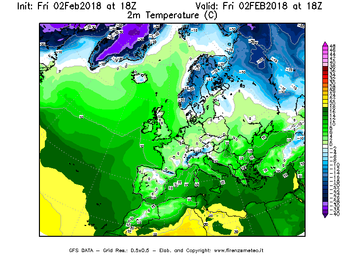 Mappa di analisi GFS - Temperatura a 2 metri dal suolo [°C] in Europa
							del 02/02/2018 18 <!--googleoff: index-->UTC<!--googleon: index-->