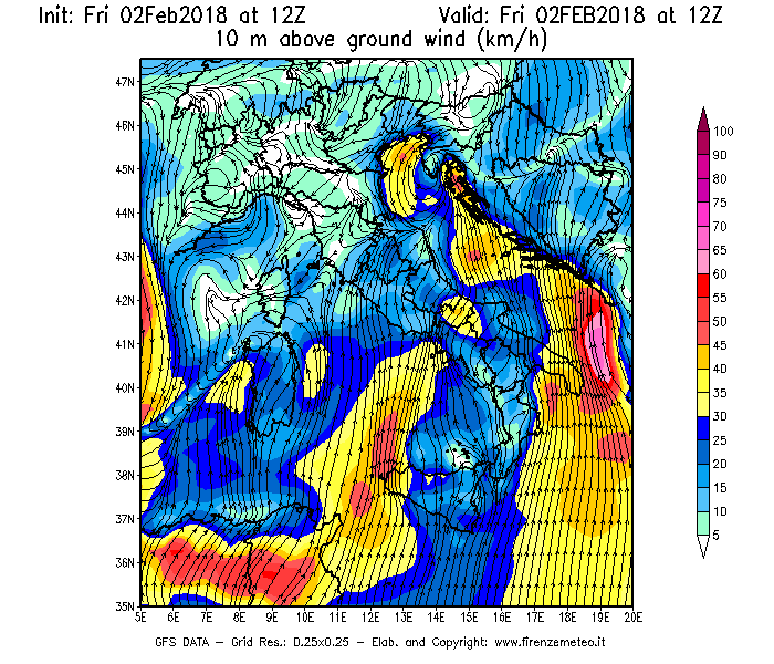 Mappa di analisi GFS - Velocità del vento a 10 metri dal suolo [km/h] in Italia
							del 02/02/2018 12 <!--googleoff: index-->UTC<!--googleon: index-->