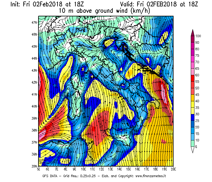Mappa di analisi GFS - Velocità del vento a 10 metri dal suolo [km/h] in Italia
							del 02/02/2018 18 <!--googleoff: index-->UTC<!--googleon: index-->