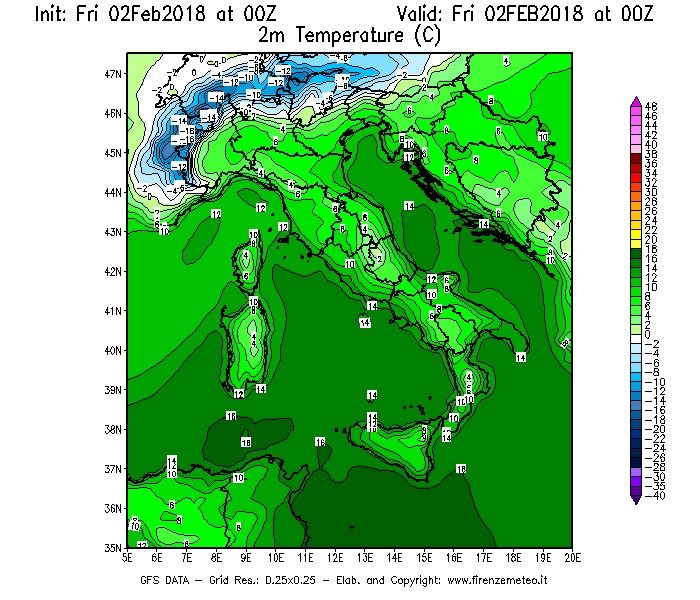 Mappa di analisi GFS - Temperatura a 2 metri dal suolo [°C] in Italia
									del 02/02/2018 00 <!--googleoff: index-->UTC<!--googleon: index-->