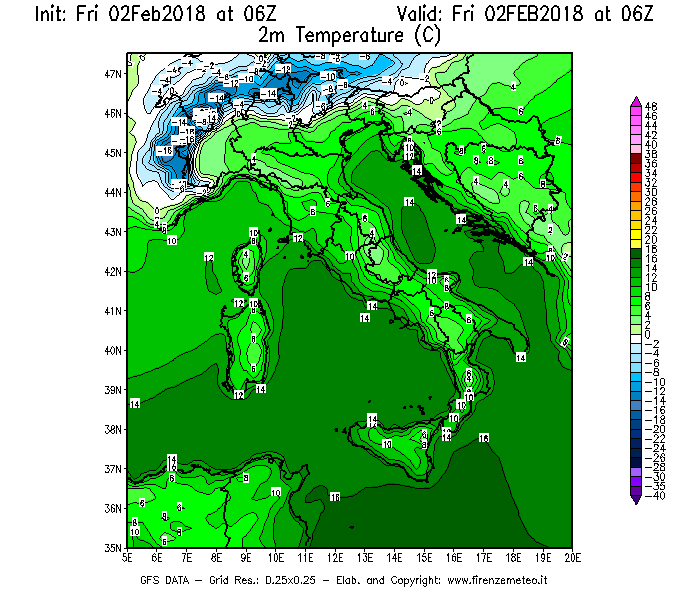 Mappa di analisi GFS - Temperatura a 2 metri dal suolo [°C] in Italia
									del 02/02/2018 06 <!--googleoff: index-->UTC<!--googleon: index-->