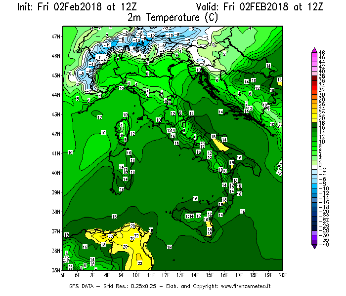 Mappa di analisi GFS - Temperatura a 2 metri dal suolo [°C] in Italia
							del 02/02/2018 12 <!--googleoff: index-->UTC<!--googleon: index-->