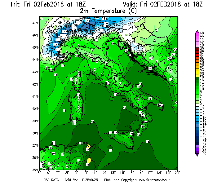 Mappa di analisi GFS - Temperatura a 2 metri dal suolo [°C] in Italia
							del 02/02/2018 18 <!--googleoff: index-->UTC<!--googleon: index-->