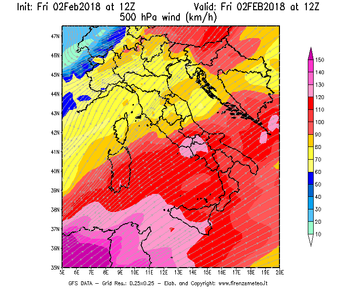 Mappa di analisi GFS - Velocità del vento a 500 hPa [km/h] in Italia
							del 02/02/2018 12 <!--googleoff: index-->UTC<!--googleon: index-->