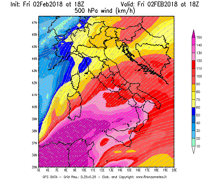 Mappa di analisi GFS - Velocità del vento a 500 hPa [km/h] in Italia
									del 02/02/2018 18 <!--googleoff: index-->UTC<!--googleon: index-->