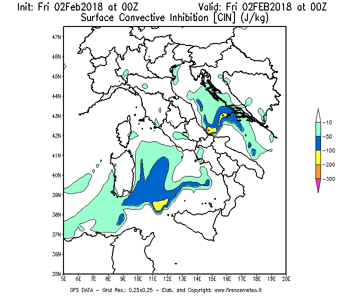 Mappa di analisi GFS - CIN [J/kg] in Italia
									del 02/02/2018 00 <!--googleoff: index-->UTC<!--googleon: index-->