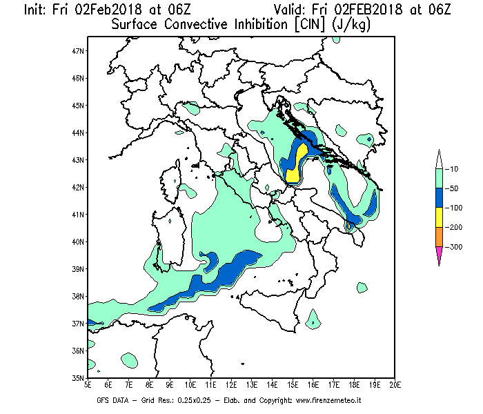 Mappa di analisi GFS - CIN [J/kg] in Italia
									del 02/02/2018 06 <!--googleoff: index-->UTC<!--googleon: index-->