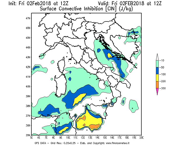 Mappa di analisi GFS - CIN [J/kg] in Italia
							del 02/02/2018 12 <!--googleoff: index-->UTC<!--googleon: index-->