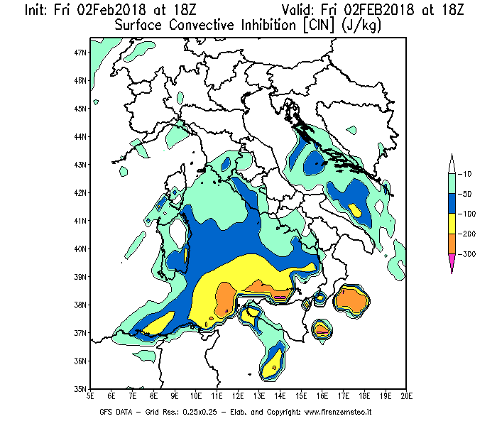 Mappa di analisi GFS - CIN [J/kg] in Italia
									del 02/02/2018 18 <!--googleoff: index-->UTC<!--googleon: index-->