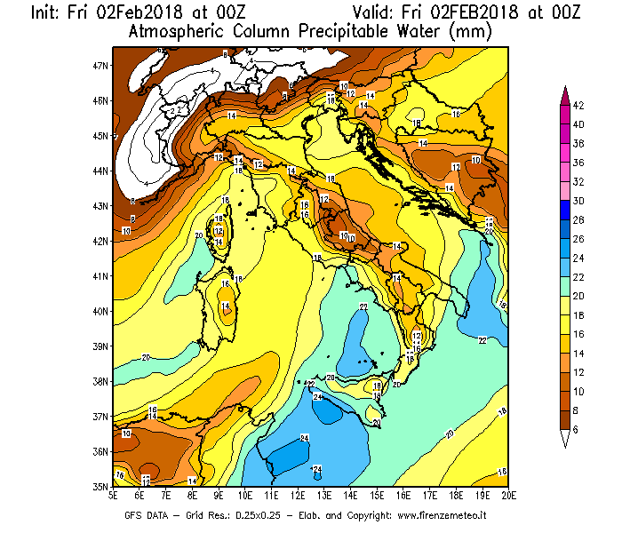 Mappa di analisi GFS - Precipitable Water [mm] in Italia
									del 02/02/2018 00 <!--googleoff: index-->UTC<!--googleon: index-->