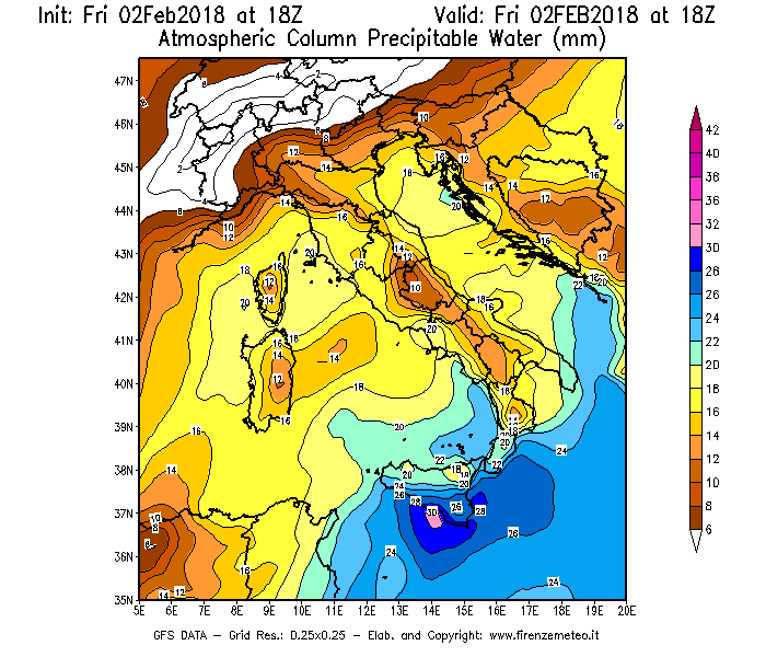 Mappa di analisi GFS - Precipitable Water [mm] in Italia
							del 02/02/2018 18 <!--googleoff: index-->UTC<!--googleon: index-->