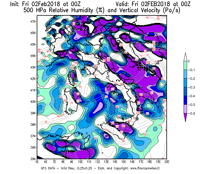 Mappa di analisi GFS - Umidità relativa [%] e Omega [Pa/s] a 500 hPa in Italia
									del 02/02/2018 00 <!--googleoff: index-->UTC<!--googleon: index-->