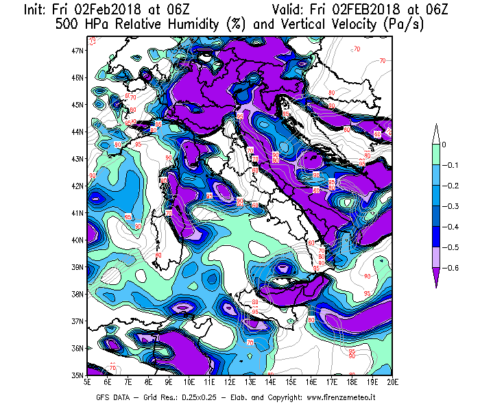 Mappa di analisi GFS - Umidità relativa [%] e Omega [Pa/s] a 500 hPa in Italia
									del 02/02/2018 06 <!--googleoff: index-->UTC<!--googleon: index-->