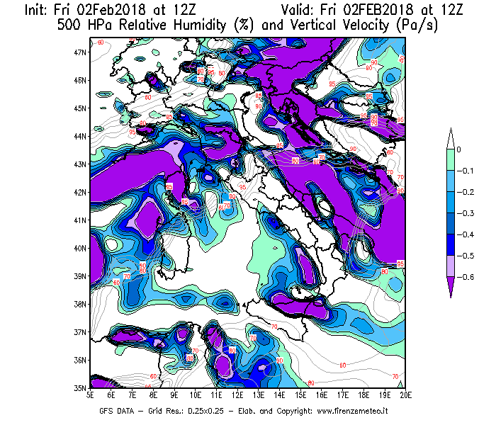 Mappa di analisi GFS - Umidità relativa [%] e Omega [Pa/s] a 500 hPa in Italia
									del 02/02/2018 12 <!--googleoff: index-->UTC<!--googleon: index-->
