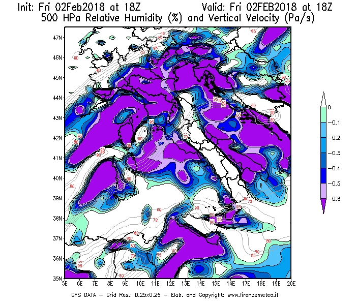 Mappa di analisi GFS - Umidità relativa [%] e Omega [Pa/s] a 500 hPa in Italia
									del 02/02/2018 18 <!--googleoff: index-->UTC<!--googleon: index-->