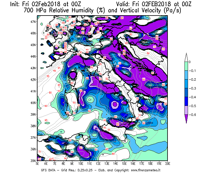 Mappa di analisi GFS - Umidità relativa [%] e Omega [Pa/s] a 700 hPa in Italia
							del 02/02/2018 00 <!--googleoff: index-->UTC<!--googleon: index-->