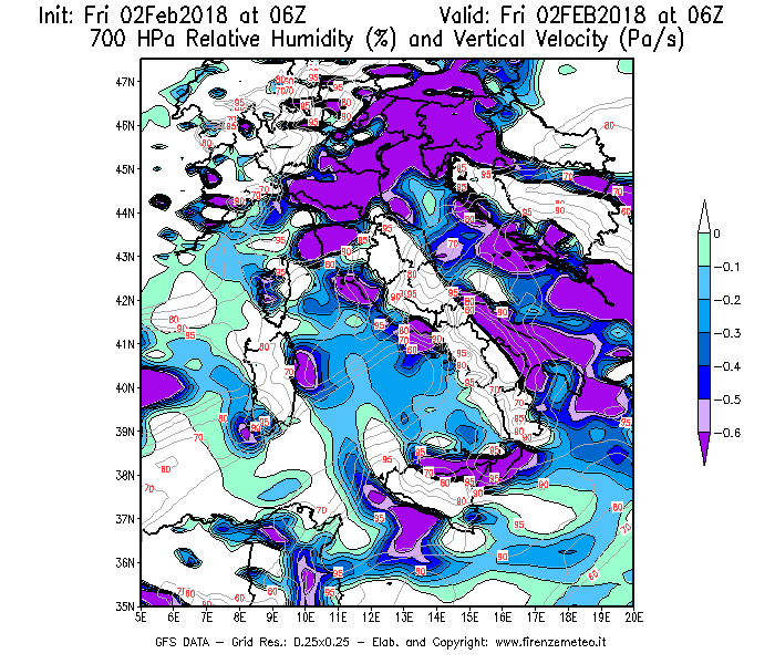 Mappa di analisi GFS - Umidità relativa [%] e Omega [Pa/s] a 700 hPa in Italia
									del 02/02/2018 06 <!--googleoff: index-->UTC<!--googleon: index-->