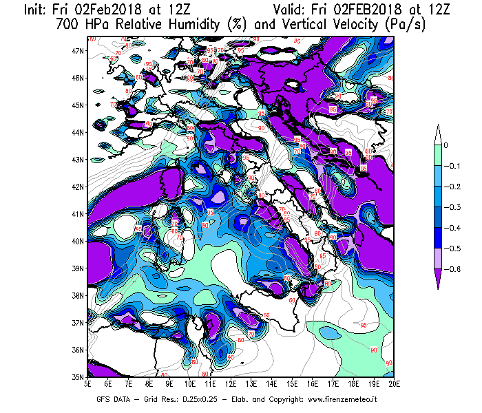 Mappa di analisi GFS - Umidità relativa [%] e Omega [Pa/s] a 700 hPa in Italia
									del 02/02/2018 12 <!--googleoff: index-->UTC<!--googleon: index-->