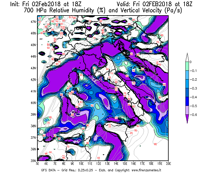 Mappa di analisi GFS - Umidità relativa [%] e Omega [Pa/s] a 700 hPa in Italia
							del 02/02/2018 18 <!--googleoff: index-->UTC<!--googleon: index-->