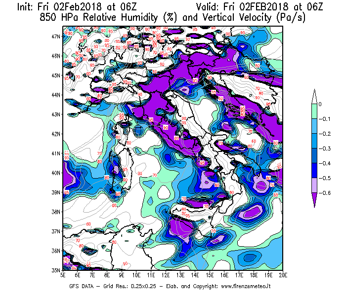 Mappa di analisi GFS - Umidità relativa [%] e Omega [Pa/s] a 850 hPa in Italia
									del 02/02/2018 06 <!--googleoff: index-->UTC<!--googleon: index-->
