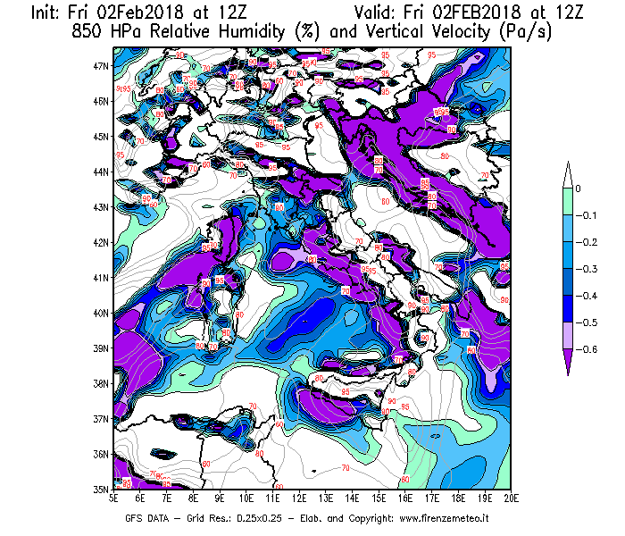 Mappa di analisi GFS - Umidità relativa [%] e Omega [Pa/s] a 850 hPa in Italia
									del 02/02/2018 12 <!--googleoff: index-->UTC<!--googleon: index-->