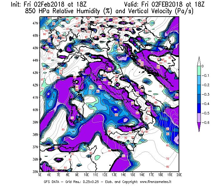 Mappa di analisi GFS - Umidità relativa [%] e Omega [Pa/s] a 850 hPa in Italia
							del 02/02/2018 18 <!--googleoff: index-->UTC<!--googleon: index-->