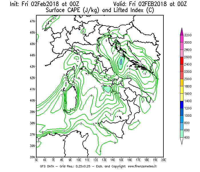 Mappa di analisi GFS - CAPE [J/kg] e Lifted Index [°C] in Italia
							del 02/02/2018 00 <!--googleoff: index-->UTC<!--googleon: index-->