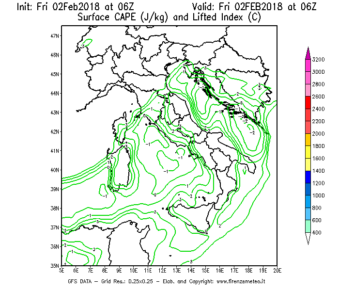 Mappa di analisi GFS - CAPE [J/kg] e Lifted Index [°C] in Italia
							del 02/02/2018 06 <!--googleoff: index-->UTC<!--googleon: index-->