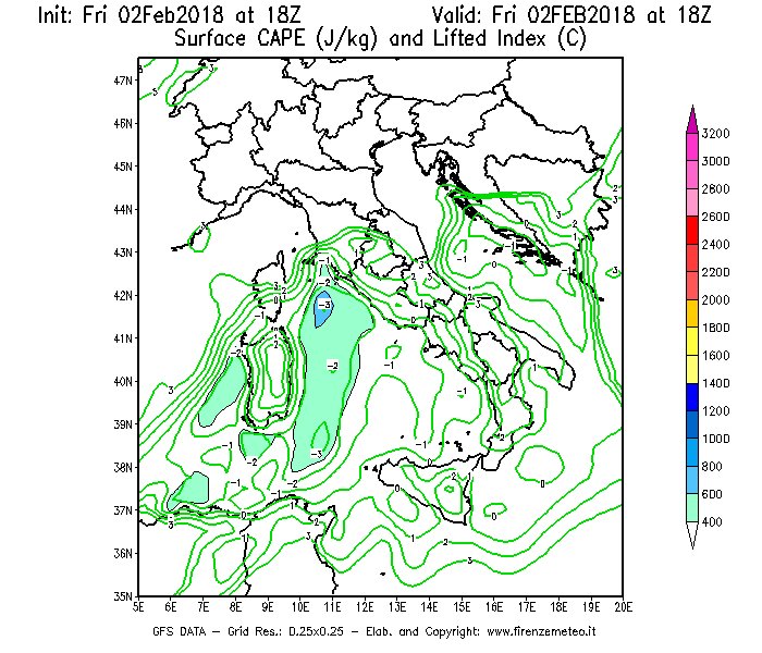 Mappa di analisi GFS - CAPE [J/kg] e Lifted Index [°C] in Italia
							del 02/02/2018 18 <!--googleoff: index-->UTC<!--googleon: index-->