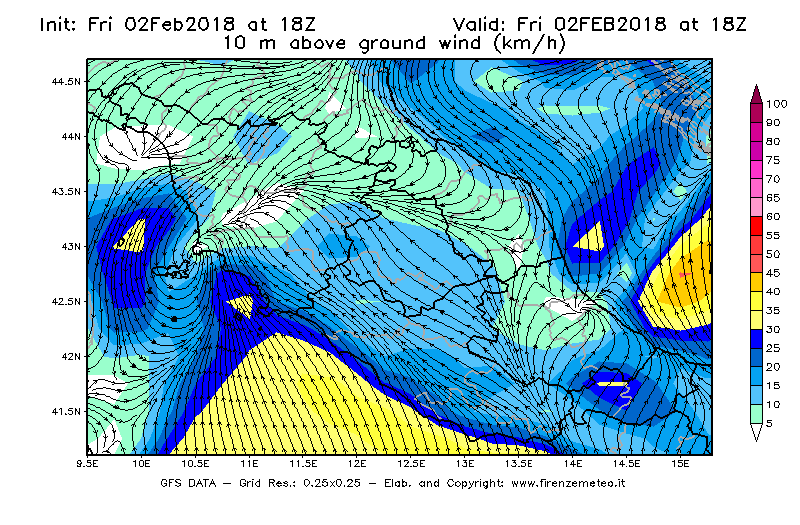 Mappa di analisi GFS - Velocità del vento a 10 metri dal suolo [km/h] in Centro-Italia
									del 02/02/2018 18 <!--googleoff: index-->UTC<!--googleon: index-->