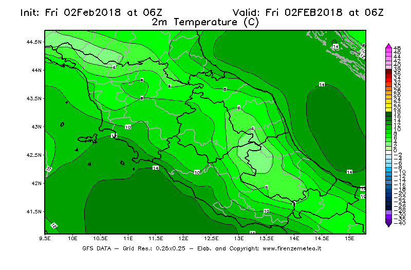 Mappa di analisi GFS - Temperatura a 2 metri dal suolo [°C] in Centro-Italia
							del 02/02/2018 06 <!--googleoff: index-->UTC<!--googleon: index-->