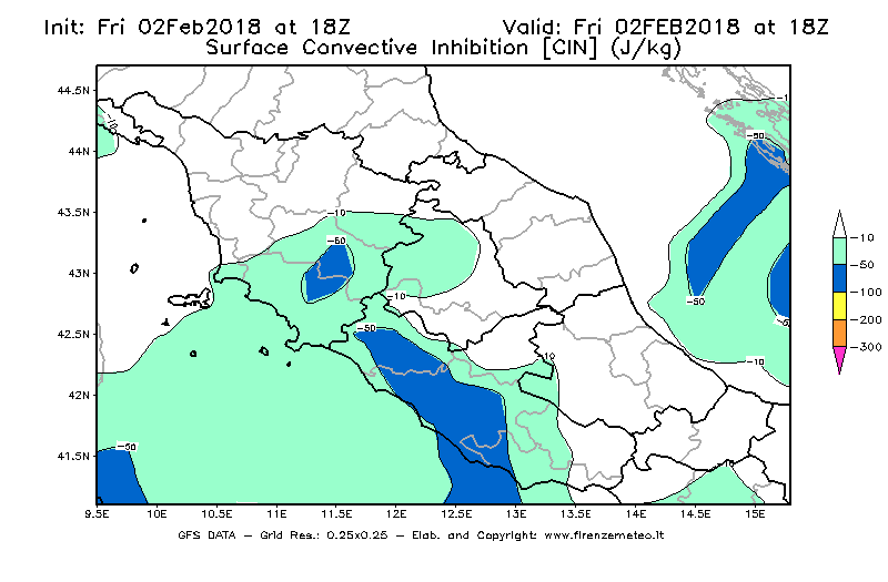 Mappa di analisi GFS - CIN [J/kg] in Centro-Italia
									del 02/02/2018 18 <!--googleoff: index-->UTC<!--googleon: index-->