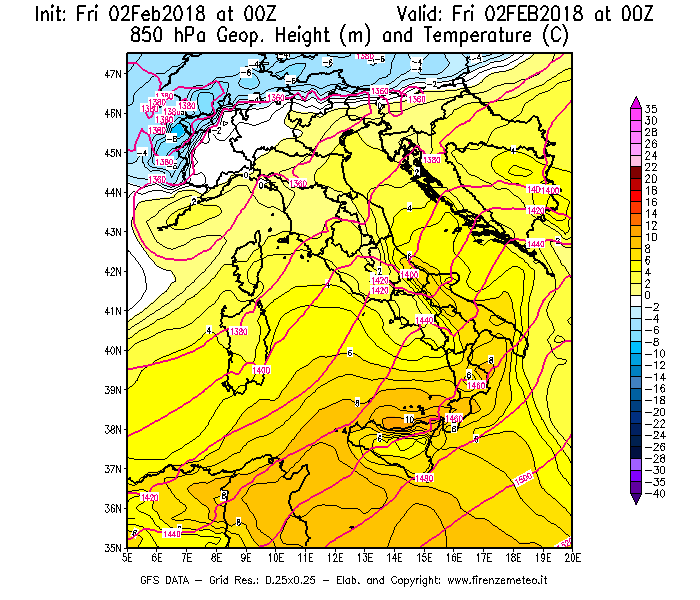 Mappa di analisi GFS - Geopotenziale [m] e Temperatura [°C] a 850 hPa in Italia
									del 02/02/2018 00 <!--googleoff: index-->UTC<!--googleon: index-->