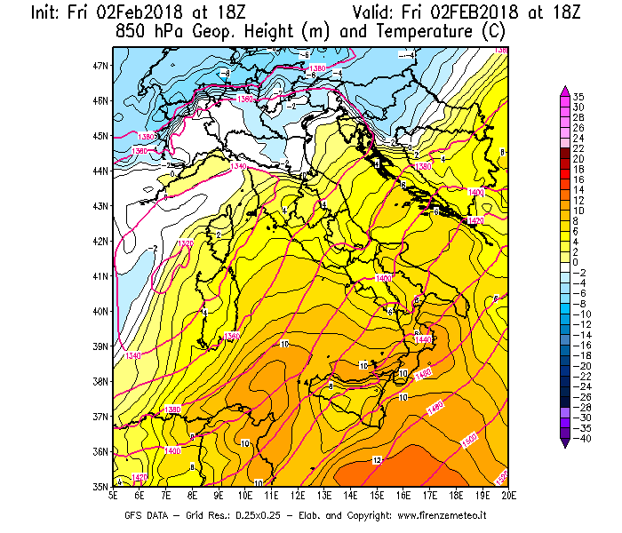 Mappa di analisi GFS - Geopotenziale [m] e Temperatura [°C] a 850 hPa in Italia
							del 02/02/2018 18 <!--googleoff: index-->UTC<!--googleon: index-->