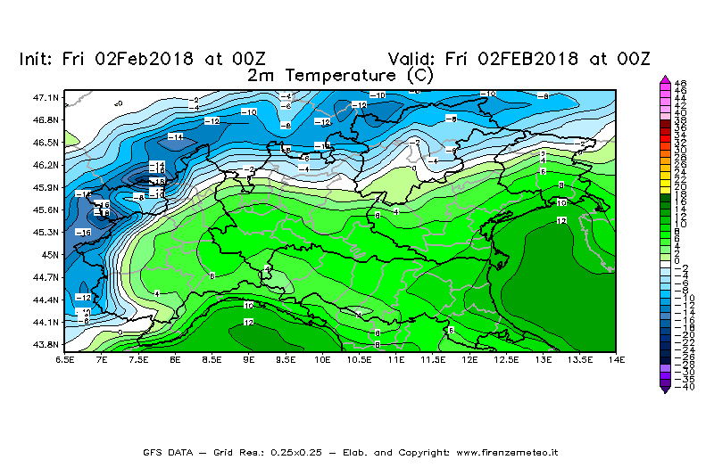 Mappa di analisi GFS - Temperatura a 2 metri dal suolo [°C] in Nord-Italia
									del 02/02/2018 00 <!--googleoff: index-->UTC<!--googleon: index-->